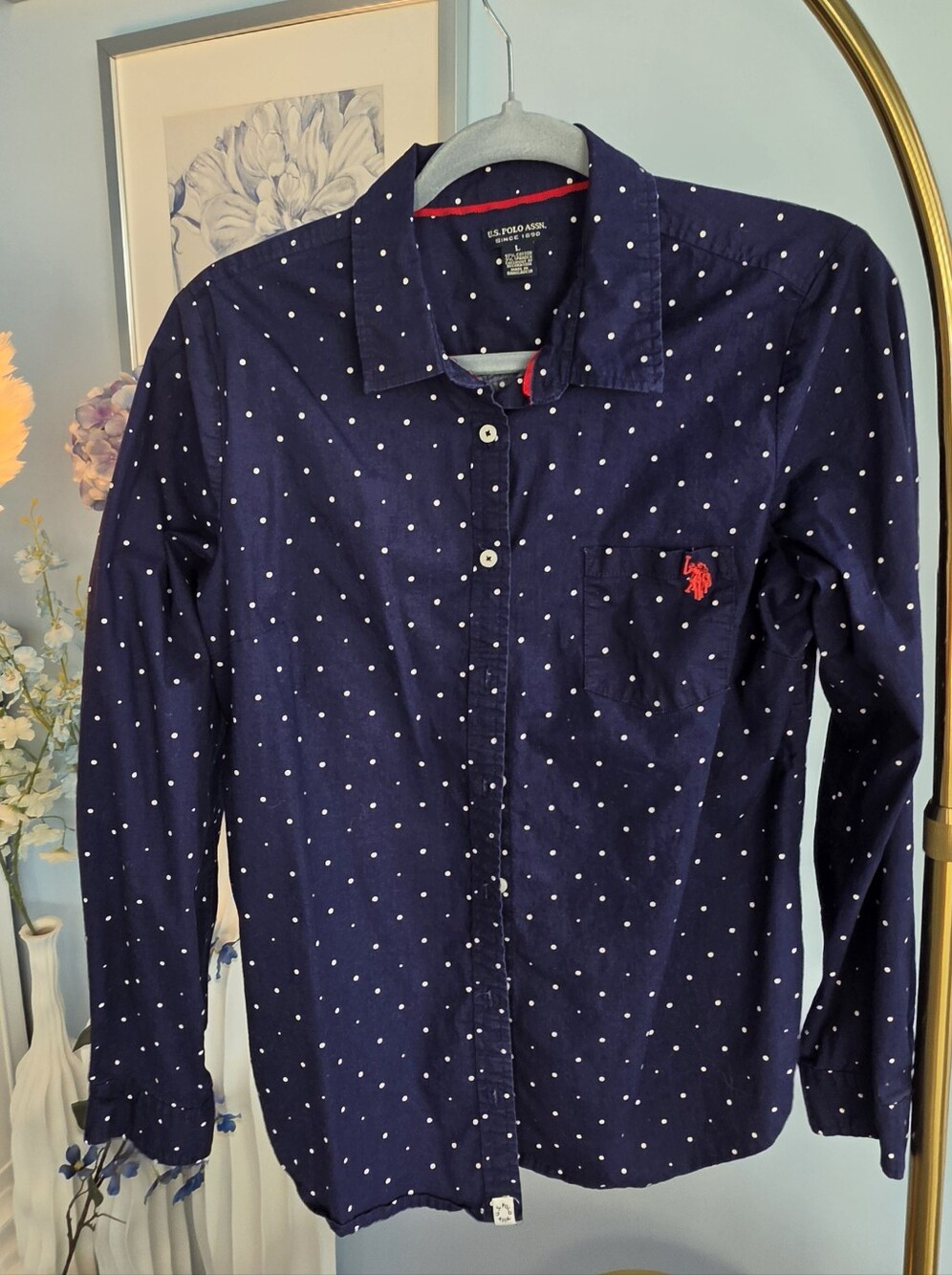 U.S. Polo Assn Navy Polka Dot Button Up Shirt Stretch Cotton Long Sleeve Size L - Picture 2 of 6